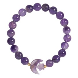 Nupuyai Carved Moon Star Amethyst Crystal Stone Bracelet for Women, 8mm Round Beads Stretch Bracelet Lucky Charm