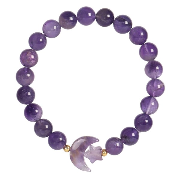Nupuyai Carved Moon Star Amethyst Crystal Stone Bracelet for Women,