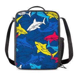VunKo - Bolsa de almuerzo aislada para la escuela, trabajo, oficina, pícnic, animales abstractos, tiburones, caja de almuerzo para adultos y niños, bolsa compacta reutilizable con correa para el