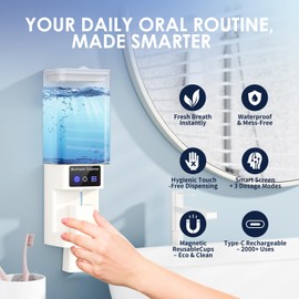 Automatic Mouthwash Dispenser – 700ML Touchless, Wall-Mount or Countertop, 3 Dispense Settings, Magnetic Cups, USB Rechargeable for Bathroom Use