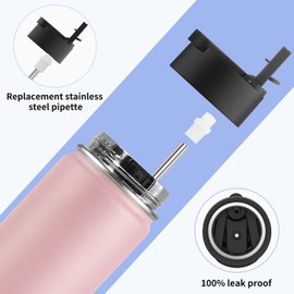 koodee 16 oz Water Bottle Stainless Steel Double Wall Vacuum Insulated Water Bottle Wide Mouth Flask with Leakproof Straw Lid (Light Pink)