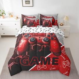 Game Consoles Kids 7 Pieces Comforter Set Twin Size,3D Gamepad Gaming Sports Gamer Gifts Reversible Quilt Set,Red Neon Hexagon Geometry Patchwork Bedding Set with Comforter,Sheet,Pillowcase