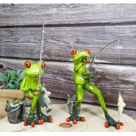 Pack of 2 Favorite Pastime Green Frogs Besties Rod Fishing by The Pond Figurines