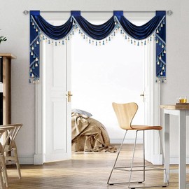 VOGOL Blue Waterfall Valances for Farmhouse, Luxury Soft Touch Privacy Velvet Swag Drapes for Bedroom Nursery, Decorative Rod Pocket Banquet Party Decorations, 79 in Wide, 1 Panel