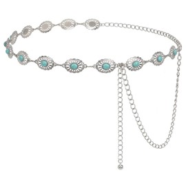 LEACOOLKEY Womens Western Boho Chain Belt for Jeans Dress Turquoise Concho Cowgirl Belt Country Vintage Adjustable Metal Chain Belt,silver