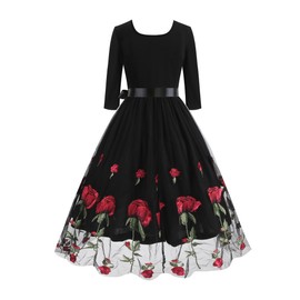 ABEHIK 1950s Retro Vintage Cocktail Dresses for Women 3/4 Sleeve Fall Floral Embroidered Dresses with Belt Casual Formal A-Line Wedding Guest Evening Party Tulle Swing Midi Dress Black Flowers XXL