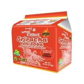 [SAPPORO ICHIBAN] Sriracha Yakisoba, Spicy Chow Mein, No. 1 Tasting Japanese Instant Noodles (3.6 Oz/102 g) (5 Packs)