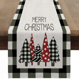 Christmas Table Runner, Linen Look, Washable Tablecloth, 33 x 183 cm, Christmas, Winter, Christmas Decoration for Dining Room, Restaurant, Hotel (Checked Christmas Tree)