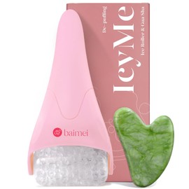 BAIMEI Rodillo de hielo y herramientas faciales Gua Sha, rodillo de hielo para cara reduce la hinchazón, migraña, alivio del dolor, color rosa