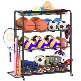 Garage Sports Equipment Storage Rack,Wheeled Sports Ball Storage Box,Double-Tier Double-Row Basketball Hoop Holds 16+ Balls,Ball Rack with Baseball Bat Holder and Hooks-Black