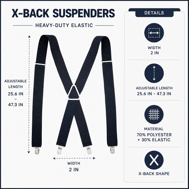 Heavy Duty Suspenders for Men – Adjustable 2-Inch Elastic X-Back