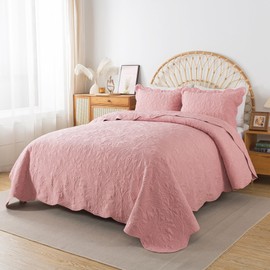 HoneiLife Queen Quilt Bedding Set - 3 Pieces Microfiber Quilt Sets Lightweight Bedspreads Reversible Coverlets Rustic Bed Cover Floral Bedding Set All Season Quilts-Pink