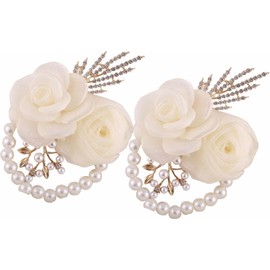 TIARTF Bridal Wrist Corsage with White Roses, Pearl Beads and Crystal Accents, 2-Pack for Wedding Bride,Bridemaids,Party