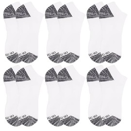 On the Go Women's Low Cut Socks - Cushion Ankle Cotton Moisture Wicking Top Ventilation Arch Support (6 Pair Pack, White with Black Space Dye Heel and Toe)