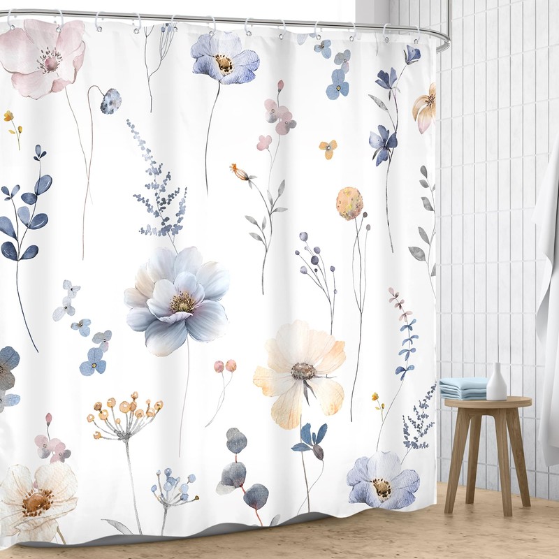 Omifly Watercolor Floral Shower Curtain,Spring Blue Beige Flower Print Bathroom