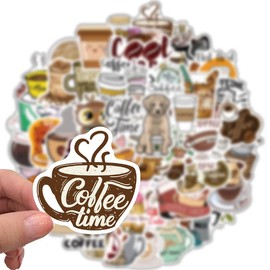 Coffee Stickers, 50 Pcs Love Coffee Time Vinyl Stickers, Cute Caffe Style Laptop Stickers for Kids Girls Teens Water Bottles Bicycle Phone Skateboard Luggage Snowboard Decorate (Coffee Cup)