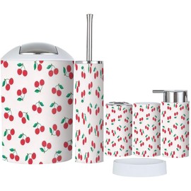 Bathroom Accessory Set 6 Piece red Cherry Pattern Cherry Pattern Toothbrush Holder, Toothbrush Cup, Soap Dispenser, Soap Dish, Toilet Brush Holder, Trash can for Countertop Rustic Decor