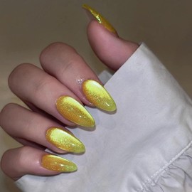 SXVME Glitter Gold Press On Nails Medium Almond Shaped - 30 Pcs Cat Eye Fake Nails Acrylic Press ons Stiletto, Natural Fit, Opaque Chrome Gel Nails Stick on, Soft Gel Glue on Nails for Women, No Glue