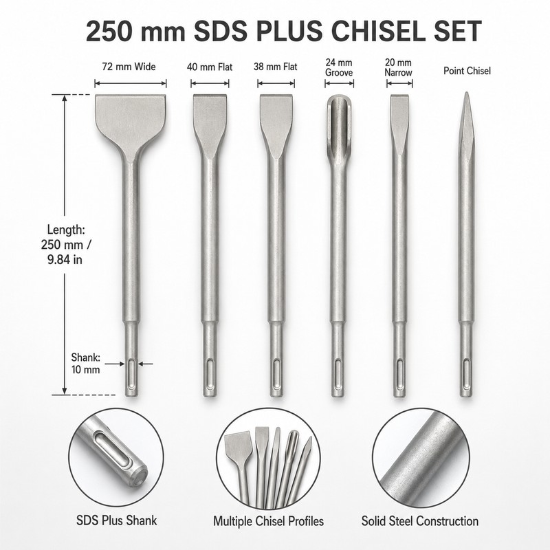 SDS Plus Chisel Set 250mm Hammer Drill Bits for Concrete,