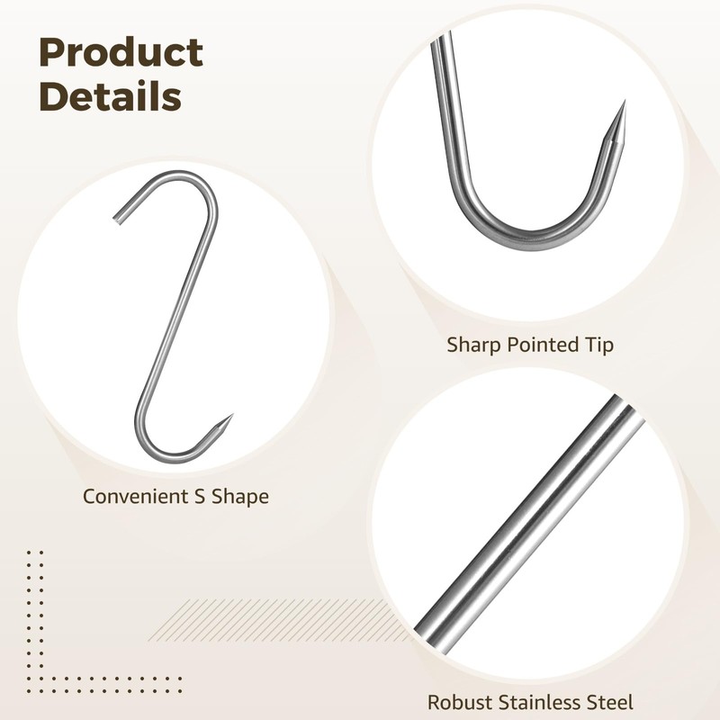 OMISTAR 5 PCS Heavy Duty Meat Hooks, 10 in Stainless