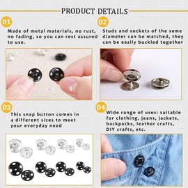 Press Studs 80 Sets, Press Studs for Sewing, Metal Snaps, Black, for Purse, Handbag, Clothing, Sewing, Craft, DIY Delivery (0.75 cm, 0.85 cm, 1 cm, 1.2 cm)