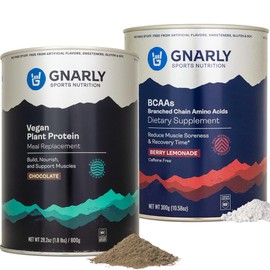Gnarly Vegan Plant Protein, Meal Replacement - Chocolate (28.2oz) and Gnarly Nutrition BCAAs Berry Lemonade Caffeine Free (10.58oz)