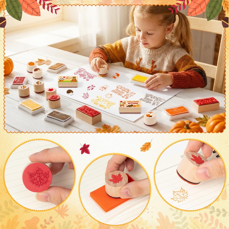 15Pcs Fall Wooden Rubber Stamps Set Autumn DIY Craft Card