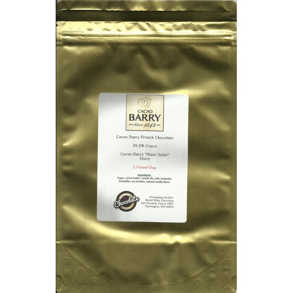 Cacao Barry White Chocolate "Blanc Satin" Pistoles (Discs) , 29.2% Cocoa, Gold Bag 2 Pounds