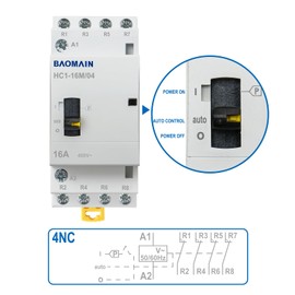 Baomain 24V AC 4-Pole Contactor, 16A 4NC Normally Closed, DIN Rail Mount - Manual & Automatic Switchable for HVAC, Motor, Pump, Lighting HC1-16M/04-24VAC