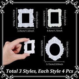 NBEADS 12 Pcs 3 Styles Vintage Plastic Picture Frame, White Mini Photo Frame Antique Mini Plastic Jewelry Display for Photo Decor Accessories