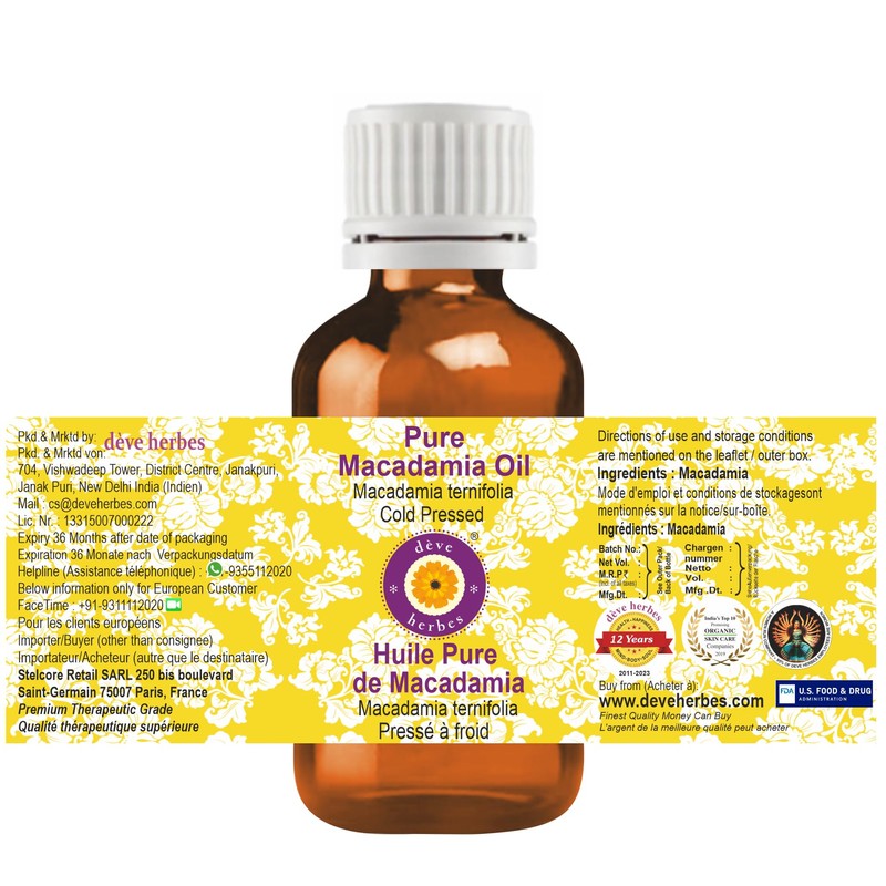 Deve Herbes Pure Macadamia Oil (Macadamia ternifolia) Cold Pressed (Pack