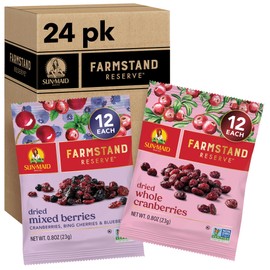 Sun-Maid Farmstand Reserve 24 Count Variety Pack - 0.8 oz Snack Bag – (12) Whole Dried Cranberries and (12) Dried Mixed Berries