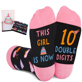 Amosking 10th Birthday Gifts for Girls with Socks and 3D Pop Up Birthday Card, Gifts for 10 Year Old Girls, Socks for 10 Year Old Girl, 3D Pop Up Greeting Card