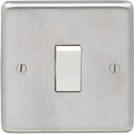 Pack of 5 Eurolite Light Switch 1 Gang 10A 2 Way with Crabtree Insert: Round Edge Satin Stainless Steel Plate with White Rocker (5)
