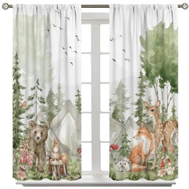 AAVEUP Rustic Nursery Woodland Animals Curtains,Cartoon Cute Wildlife Country Safari Bear Deer Plant Windows Treatments Rod Pocket Drapes for Baby Kids Living Room Bedroom 42x45in（No Blackout）