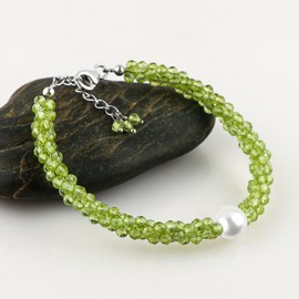 CRYSTALIS Natural Peridot Beads Twisted Rope Bracelet with Elegant Pearl, High Grade Gemstones, Chakra Healing Stones, Gift Giving Womens Jewelry, 925 Sterling Silver Bracelet 8 inch
