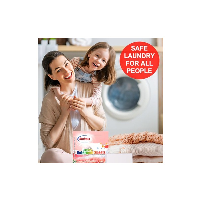 Binbata Hojas de detergente para ropa sucia, 64 piezas (128