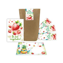 Junaversum 12 Invitation Cards for Children's Birthday Girls Children Strawberries Cool Colourful Invitations Birthday Invitations Kids Includes 12 Envelopes, 12 Bags, 12 Stickers