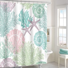 MAYZUS Extra Long Shower Curtain 72 x 84 Inch, Tall Pink Green Nautical Coastal Fabric, Summer Tropical Seashell Starfish Coral Beach Ocean Themed for Bathroom Decor