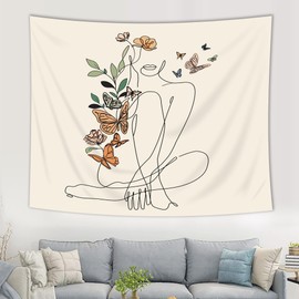 SVBright Abstract Woman Butterfly Fabric Wall Hanging Tapestry 59Wx51H Inch Mid Century Modern Minimalist Flower Plant Beige Terracotta Aesthetic Portrait Home Decor Art for Living Room Bedroom Dorm