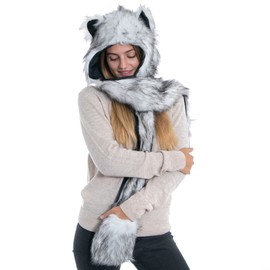 Winter Warm Plush Faux Fur Animal Paws Hat Hoods Gloves Scarf, Fox