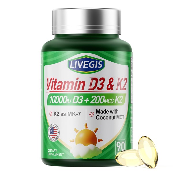 LIVEGIS Vitamin D3 K2 Softgels, D3 10000 IU with K2