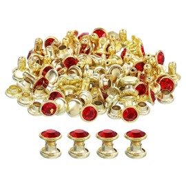 QUARKZMAN Pack of 50 Golden Red Rhinestone Rivets, 6 mm / 0.24 Inch Leather Craft Rivets Crystal Rivets Metal Double Caps Rhinestone Rivets Studs for DIY Leather Crafts Making Purse Clothing