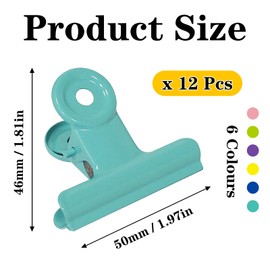 GUOKOFF 12 Pcs Large Bulldog Clips, 50mm Binder Clips, Metal Hinge Clips Binder Paper Clamp for Crafts Photo File Office (6 Colours)