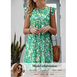 KIRUNDO Tropical Dresses for Women Summer Sleeveless Boho Floral Mini Sundress Ruffle Sleeve Round Neck Loose Short Flowy Pleated Babydoll Dress(Floral3-Green, X-Large)