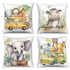ChloropLastid Cute Animals Pillow Covers 20X20 inch Set of 4 Watercolor Cartoon Car Baby Elephant Lions Giraffes Hippo Koala Jungle Animals Cushion Case for Kids Bedroom Sofa Couch