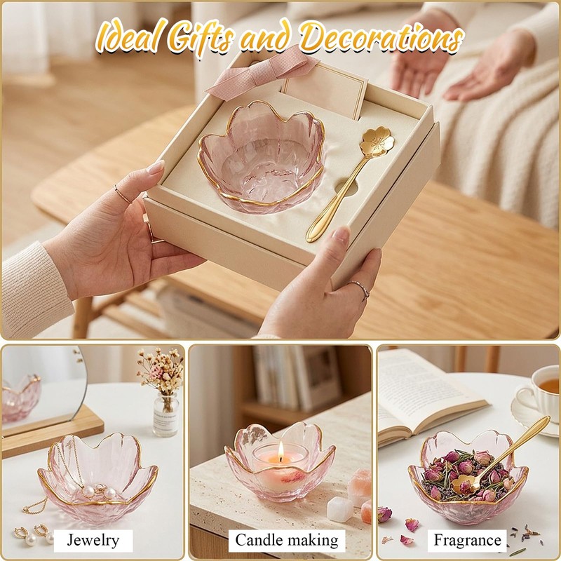 8 Pcs Gold Rim Pink Cherry Blossom Glass Bowls and