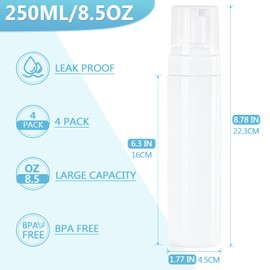 Botella bomba de espuma de 8.5 oz/250 ml, botella dispensadora de espuma blanca vacía de viaje, botella de jabón de manos, botella de espuma grande recargable para limpieza de champú, viajes (paquete de 4)
