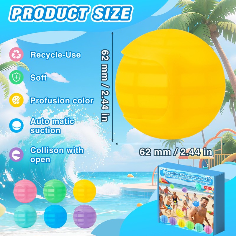 12 Pack Reusable Water Balloons, Squeeze Self-Sealing Quick Fill Silicone