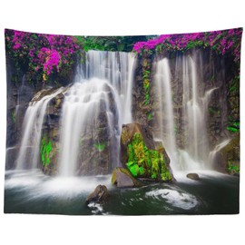 BELECO Waterfall Landscape Tapestry Forest Mountain Falls Lake Blooming Flowers Natural Scenery Photo Background Nature Tapestry for Aesthetic Bedroom Living Room Dorm Decor 60x40 Inches